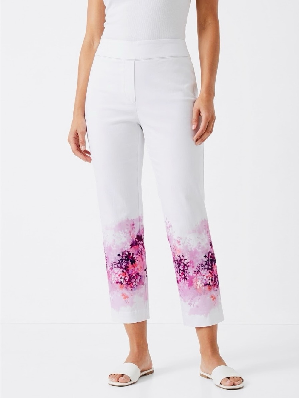 ATTYRE Stretchy Pull-On White Cropped Ponte Ankle Pants Hot Pink Floral Hem #LHP